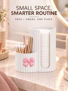 Pink Bow 2-In-1 Plastic Storage Box - Desktop Makeup Organizer With Dual Round Hole Design, Suitable For Storing Makeup Brushes And Beauty Tools, Combines Storage And Organization Functions, Ideal Vanity Accessory And Gift For Women - Multicolor - View 4