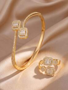 2Pcs Sparkling Geometric Square Baguette CZ Bangle Ring Set, 18K Gold Plated Statement Open Cuff Jewelry For Women Evening Party Wedding - Multicolor - View 4
