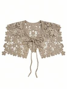 1pc Multicolor Hollow Crochet Lace Shoulder Shawl, Tie Front Knitted Floral Shoulder Wrap, Bohemian Style Decorative Detachable Cape, Match With Dress - Multicolor - View 19