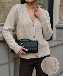 NOVELLE Women's Pearl Embellished V-Neck Knit Cardigan, Autumn Winter Exquisite Button Front Loose Versatile Commute, For Daily, Going Out And Dating - Apricot - View 2