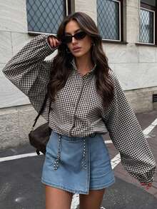 Women's Plaid Drawstring Hem Long Raglan Sleeve Stand Collar Loose Short Woven Brown Jacket, Vintage Casual Daily Outing Spring Autumn Winter - Coffee Brown - View 3