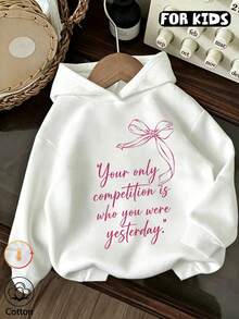 Tween Girl Bow Slogan Graphic Hoodie, Girls Positive Letter Print Hooded Pullover - White - View 1