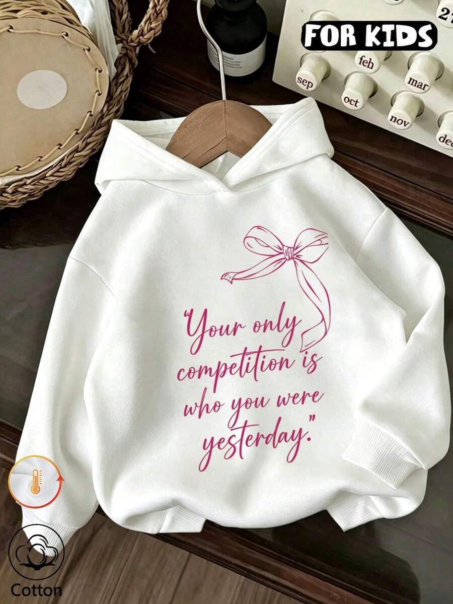 Tween Girl Bow Slogan Graphic Hoodie, Girls Positive Letter Print Hooded Pullover - White - View 1