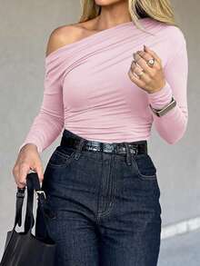 Unadoll Women Fall‑Winter Asymmetrical Slant‑Shoulder Long‑Sleeve Ruched Crop Top, Fitted Basic Tee For Back To School, Daily & Going Out - Pink - View 5