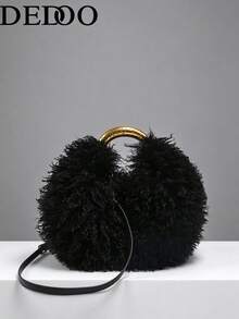 Dedoo 2026 Women's Plush Handbag, Shell Shape, Solid Color, Faux Mink Fur, Hollow Handle, Gold Chain, Crossbody, Fashionable Women's Style, Suitable For Autumn/Winter, Party/Date - Black - View 7