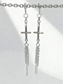 1pair Stainless Steel Inverted Cross Chain Tassel Dangle Earrings, Punk Gothic Unisex Long Drop Earrings, Edgy Dark Aesthetic Earring For Men Women - Silver - View 3