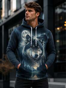 Men's Wolf Pattern Sweatshirt, Moon Forest Print Pullover Sweatshirt, Street Style Casual Long Sleeve Hooded Top, Outdoor Fashion For Autumn/Winter - Multicolor - View 2