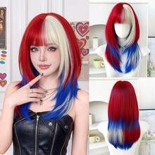 NAMM Red & White Two-Tone Split Dye Soccer Wig Or Man & Women 20-Inch Multicolor Split ColorWig Red White With Bule Highlights Lightweight Medium-Length Layered Hair Suitable For Halloween, Christmas, Holiday Party, Cosplay - Multicolor - View 11