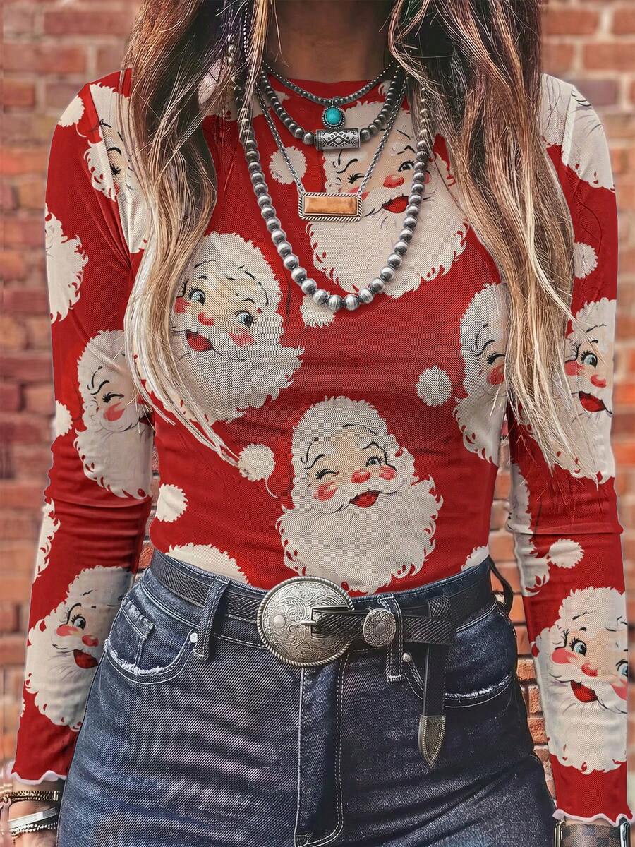 Santa Claus Print Sheer Mesh Long Sleeve Top, Western Cowgirl Slim Fit Crew Neck See Through Christmas Rodeo Tee - Multicolor - View 1