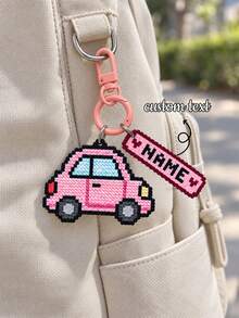 1pc Customized Name Pink Car Keychain, Personalized Pixel Style Car Bag Charm With Name Tag, Cute Backpack & Handbag Accessory, Birthday Gift For Girls, Friends And Car Enthusiasts - Multicolor - View 2