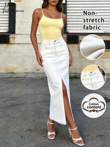 White High Waist Denim Skirt, Minimalist Commuter Casual Straight Hem Slit Skirt For Women Spring - White - View 2