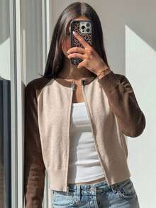 Contrast Trim Crew Neck Two-Way Zip Sweater Cardigan, Cropped Fit, Long Sleeves, Soft Knit, Beige, Casual Chic Fall/Winter Layering Top - Apricot - View 3