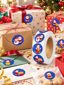 5pcs Festive Christmas Round Sticker Roll, Cute Santa Snowman Gift Sealing Labels, Holiday Party Packaging Decor, Gift Wrap Envelope Decoration Supplies - Multicolor - View 2