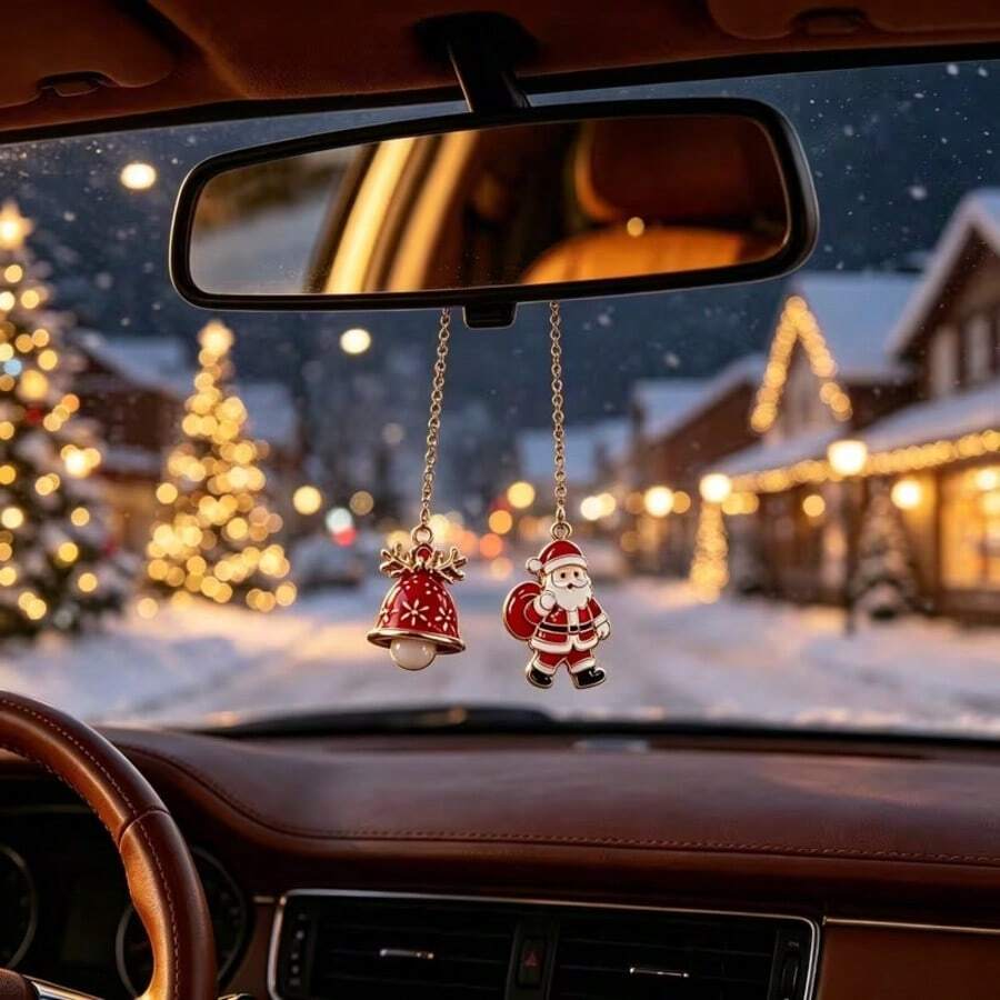 1pc Christmas Car Interior Rearview Mirror Hanging Ornament, Santa Claus & Bell Pendant With Classic Chain, Fashionable Car Christmas Holiday Decor Gift Accessory - Rearview Mirror Hanging Ornament - View 1