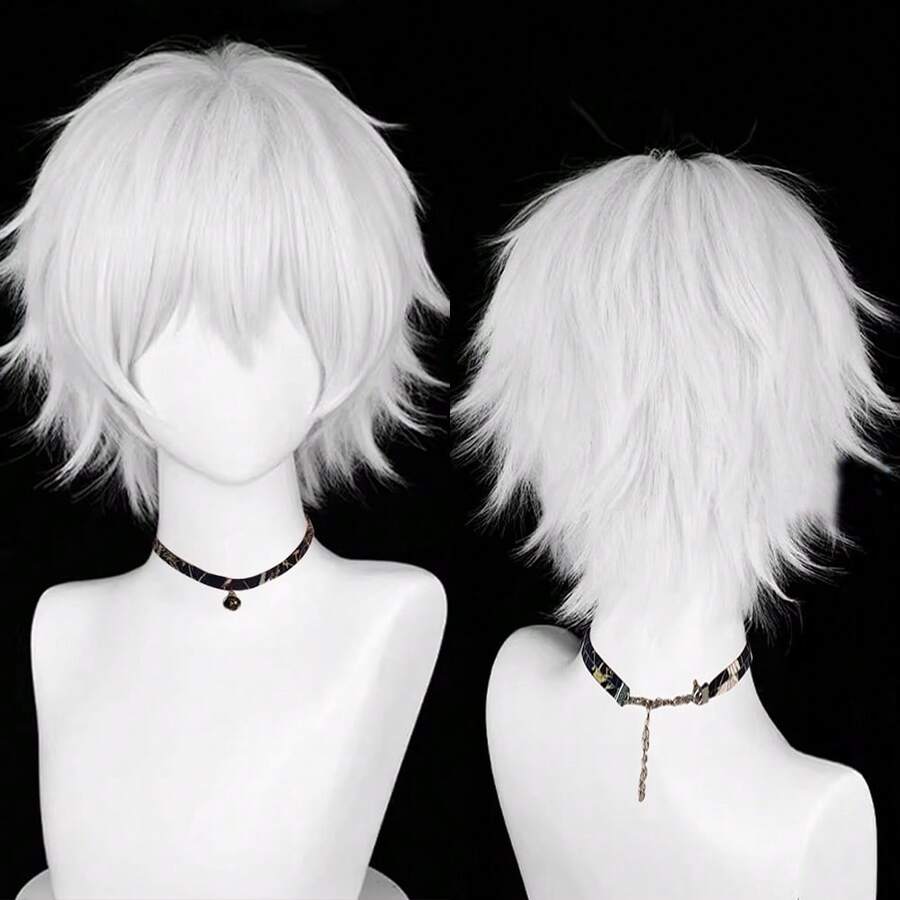 Men's White Anime Game Cosplay Fluffy Wig With Bangs, Synthetic Fiber Short Straight Hair, Heat-Resistant, For Daily Wear And Parties - White - View 1