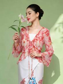Elegant Fashionable Women's Muslim Floral Print Ruffle Bell Sleeve Blouse - Red - View 1