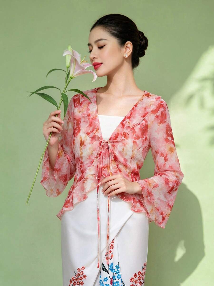 Elegant Fashionable Women's Muslim Floral Print Ruffle Bell Sleeve Blouse - Red - View 1