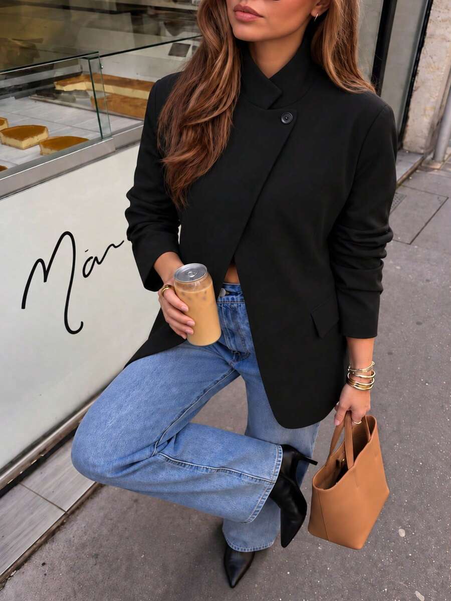 Women's Spring/Autumn/Winter Blazer, Elegant Open Front Asymmetric Design Casual Blazer, Vintage Elegant, Suitable For Commuting And Office Wear - Black - View 1