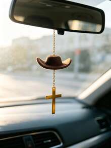 Cowboy Hat Alloy Cross Car Hanging Ornament, Vintage Car Interior Rearview Mirror Decoration, Unisex Car Decor Accessory - A - View 7
