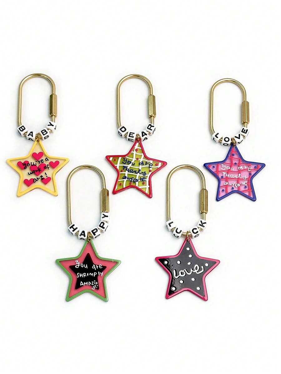 1pc Ins Sweet Cool American Vintage Graffiti Star Bag Charm Letter Square Bead U-Shaped Handmade Beaded Keychain - Multicolor - View 1