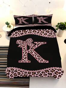 2/3PCS Girls Pink Leopard Letter K Bedding Set, Bow Lace Edge Duvet Cover Set For Children, Teenagers, Adults, Girls, Bedroom(Twin/Full/Queen/King Size) - Multicolor - View 6