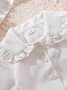 2pcs/Set Baby Girl Sweet Ruffle Peter Pan Collar Button Long Sleeve Shirt And Washed Cargo Skirt Regular Thin Outfit, Suitable For Party Autumn - Blue - View 5