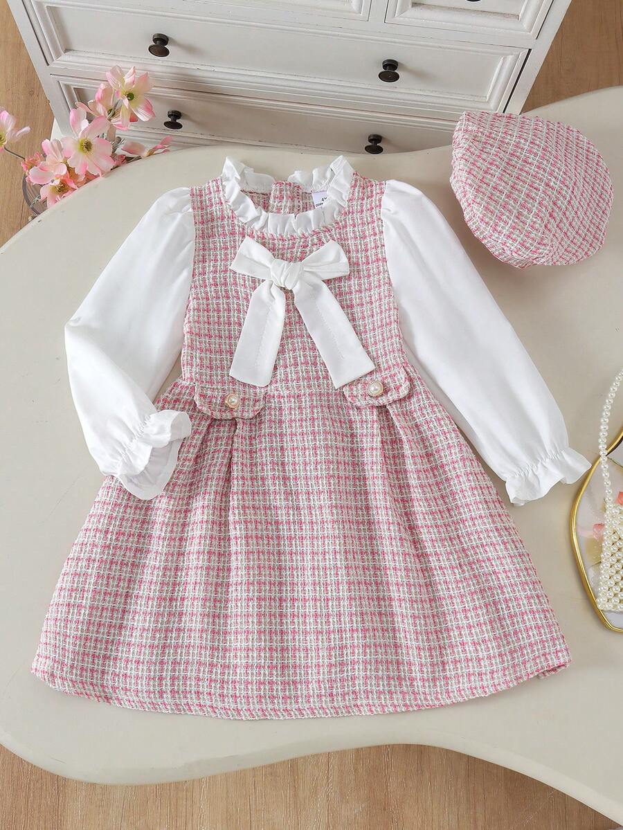 2pcs Young Girls Exquisite Princess Style Bowknot Patchwork Ruffle Collar Petal Sleeve Dress With Matching Beret Hat, Spring/Autumn - Pink - View 1
