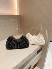 1pc Women's Elegant Pleated Box Design Party Clutch Bag, Luxury Rhinestone Handbag, Charming Formal Evening Bag, Bridal Wedding Accessory, Gift For Her - Apricot - View 7