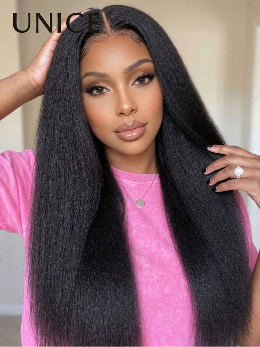 UNice Kinky Straight New Easicontour V Part Glueless Wig With Invisi Drawstring Fit For All Sizes Minimal Leave Out No Lace 100% Human Hair Meets Real Scalp No Glue No Leave Out Clip-In V-Shape Wig Beginner Friendly Natural Black Color - Natural Black - View 1