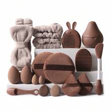48Pcs/30Pcs/18Pcs Brown Makeup Brushes Beauty Sponges Triangle Puff Makeup Brush Cleaning Bowl Bow Headband Reusable Makeup Remover Pads Cleaning Brush Professional Makeup Tool Set For Foundation Blush Eyeshadow - Brown - View 12