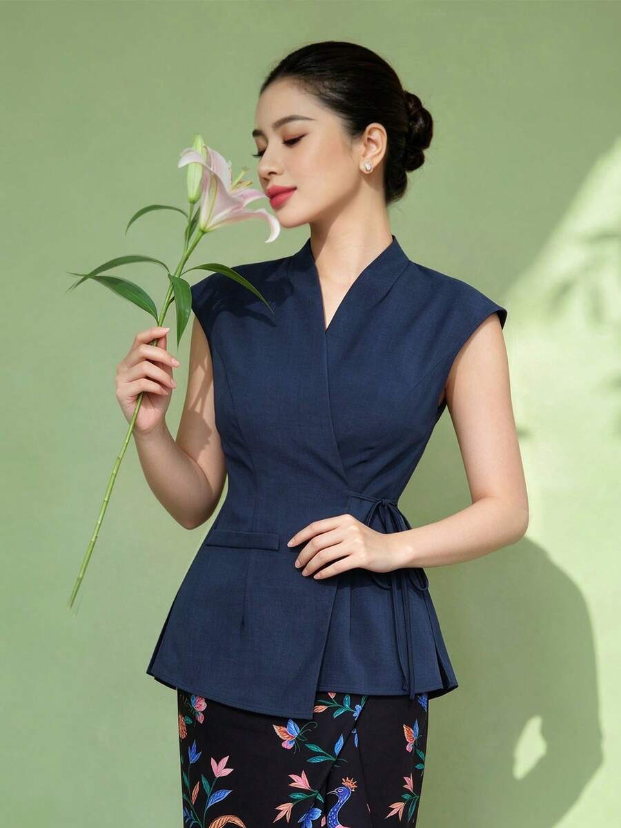 1pc Solid Color Tie Front Sleeveless Blouse For Women, Daily, Date, Travel, Spring/Summer, Blue - Blue - View 1