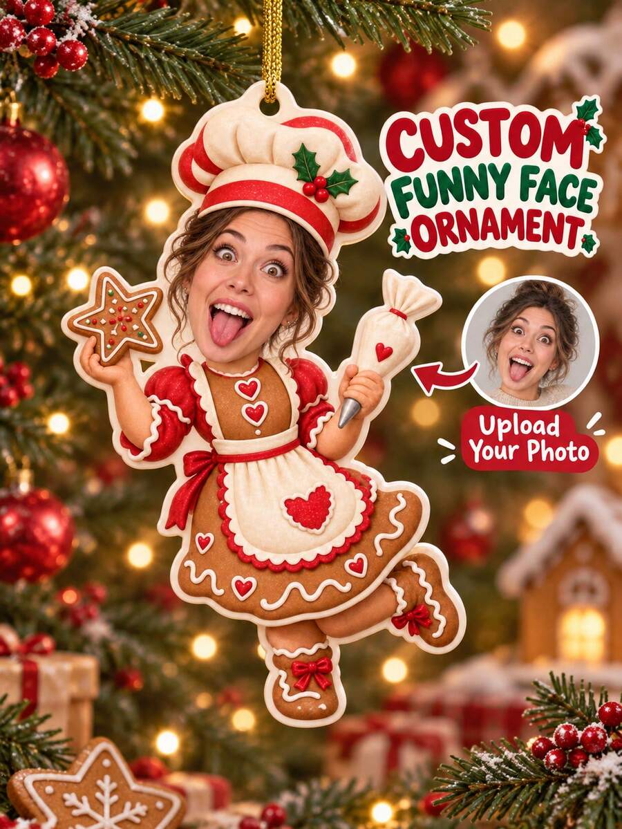 1pc Personalized Gingerbread Man Acrylic Christmas Ornament, Custom Photo Hanging Decor, Cute Holiday Tree Decoration, Christmas Gift For Family, Friends - Multicolor - View 1