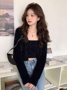 1pc Casual Plush Solid Color Short Cardigan, With Shoulder Straps, Autumn Long Sleeve Top, Black - Black - View 1
