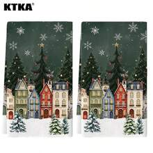 2Pcs Christmas Kitchen Towels, Snowy Christmas Town Houses & Pine Tree Print, Xmas Kitchen Decor, Winter Holiday Table Ornament, Farmhouse Christmas Home Decoration Gift - Multicolor - View 10