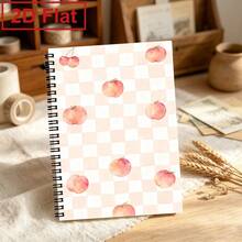 Cute A5 Spiral Notebook With Pink And White Plaid Cover, Watercolor Peach And Cherry Printed Cover Diary, Student Stationery Writing Notebook - A5 lined - View 1