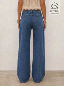 Women's Washed Straight Leg Jeans, Slanted Pockets & Metal Rivet Design, Heavy Punk Western Vintage Style, Comfortable, Suitable For Music Festivals, Fits All Body Types - Blue - View 5