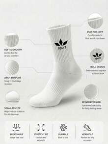 1/5 Pairs Unisex White Solid Color Sports Socks, Comfortable Breathable Sweat-Absorbing Mid-Calf Socks, Couple Socks, Autumn/Winter Socks, Suitable For Daily Wear, Sports, Back To School, All Seasons - White - View 3