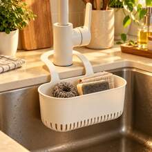 1pc Multifunctional Drain Basket White PP Material Sponge Storage Rack No-Drill Sink Filter Rack Kitchen Bathroom Dual Use Sponge Cloth Storage Basket - One Size - View 3
