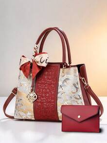 Luxury Letter Print 2-In-1 Tote Bag Set, Elegant Brown Crossbody Bag With Detachable Shoulder Strap And Matching Wallet - Beige - View 12