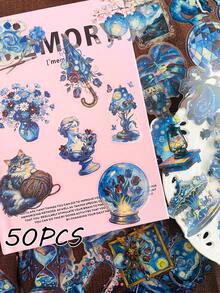 50pcs Impressionist Van Gogh Stickers Waterproof Transparent PET Scrapbook Material Decoration Luggage Laptop Notebook Diary Guitar Water Cup DIY Decal - one-size - View 2