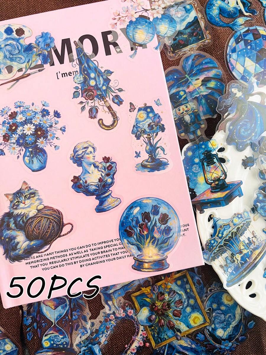 50pcs Impressionist Van Gogh Stickers Waterproof Transparent PET Scrapbook Material Decoration Luggage Laptop Notebook Diary Guitar Water Cup DIY Decal
