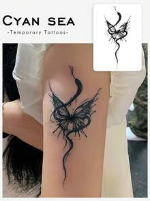 1pc Herbal Temporary Tattoo Sticker, Black Grey Splash Ink Butterfly Wrapped Serpent Pattern, Realistic Fake Tattoo Design, Ideal For Daily Wear, Bachelorette Party Favors, Music Festivals, Games, Graduation Gifts, Lasts 7-14 Days - Black - View 1