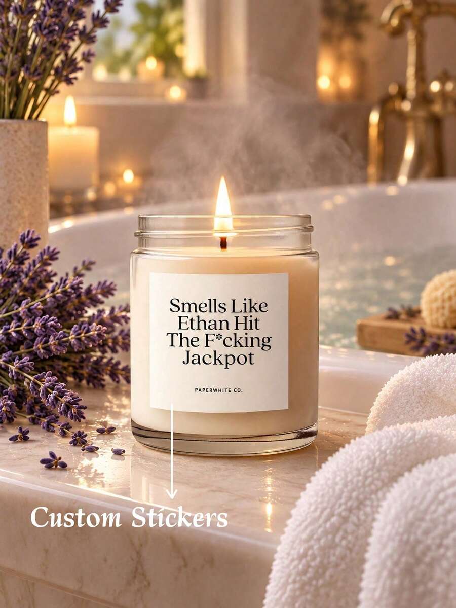 Personalized Engagement Candle Labels - "He Hit The Jackpot" Fun Engagement Gift For Couples; "Future Mrs. [Name]" Fun Gift For The Bride-To-Be - Multicolor - View 1