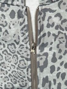 Women's Y2K High Street Kangaroo Pocket Sweatshirt, Women's Leopard Print Long Sleeve Jacket Spring Sports - Grey - View 4