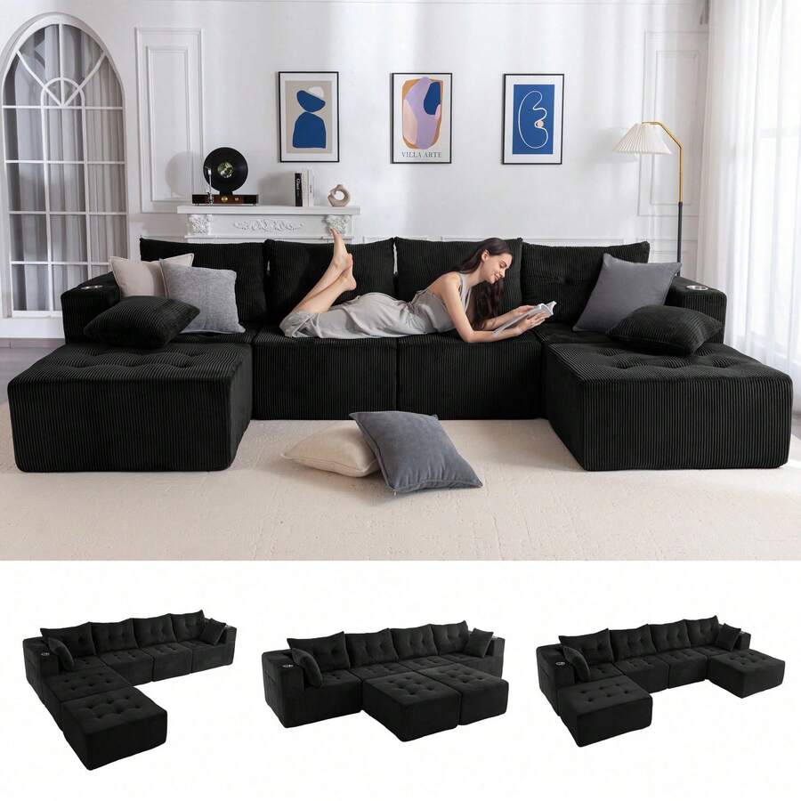 Sofá modular Cloud, sofá moderno y cómodo de pana para la sala de estar, sillón reclinable con reposapiés, sofá en caja, no requiere montaje. - Negro - Ver 1
