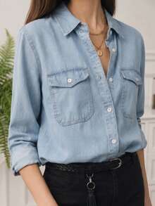 QIFXER New Fashionable Casual Solid Color Washed Denim Shirt - Suitable For School, Vacation, Daily Wear, All Season Spring - Light Wash - View 2