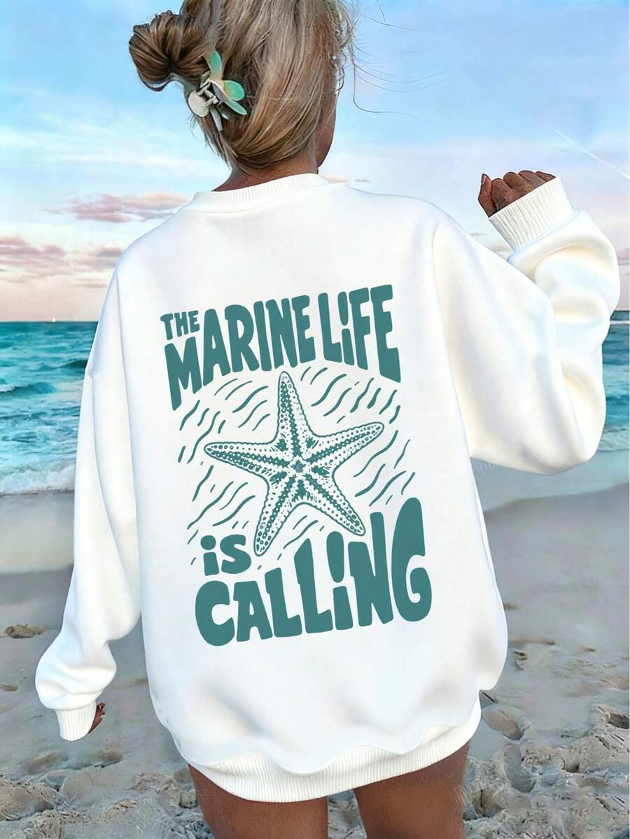 Women's Round Neck Long Sleeve Printed Sweatshirt, Regular Length Ribbed Knit Pullover, Suitable For Daily Wear - White - View 1