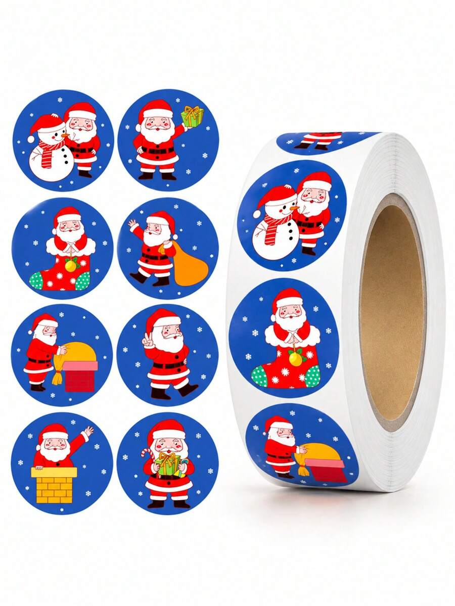 5pcs Festive Christmas Round Sticker Roll, Cute Santa Snowman Gift Sealing Labels, Holiday Party Packaging Decor, Gift Wrap Envelope Decoration Supplies - Multicolor - View 1