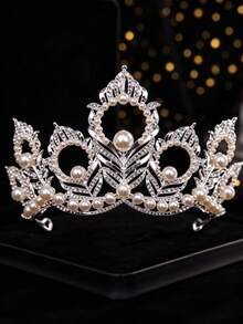Luxury Silver Pearl Rhinestone Bridal Crown Tiara Wedding Hair Accessories Women Bride For Prom Party Event - Silver - View 4