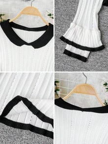 Black & White Contrast Color Small Lapel Ribbed Knit Slim Fit Waist Hollow Out Detail Ruffle Flare Long Sleeve Base Layer Top For Women - White - View 8